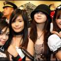 Filipina cosplayer Ashley Gosiengfiao serves as a presenter at the 2010 Cyberzone cosplay competition finals. Ashley is joined by Filipina cosplayers Genette Mae Egos, Myrtle Gail, and Hye Marie Nim.